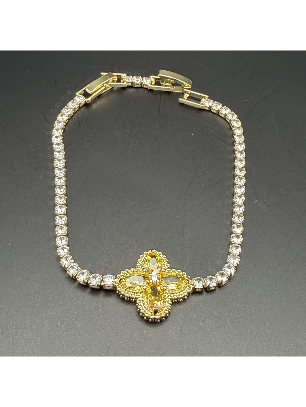 candy+clover honey yellow crystal clover gold tone tennis bracelet